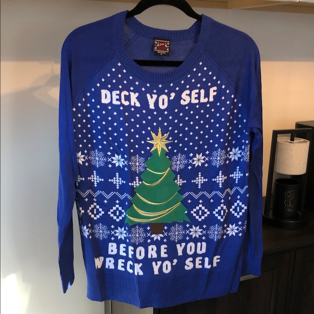 Well Worn Blue Holiday Crewneck Sweater with Green Tree